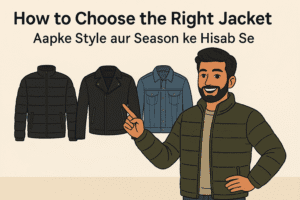 young Indian man giving style tips with 3 jacket types – puffer, leather & denim shown